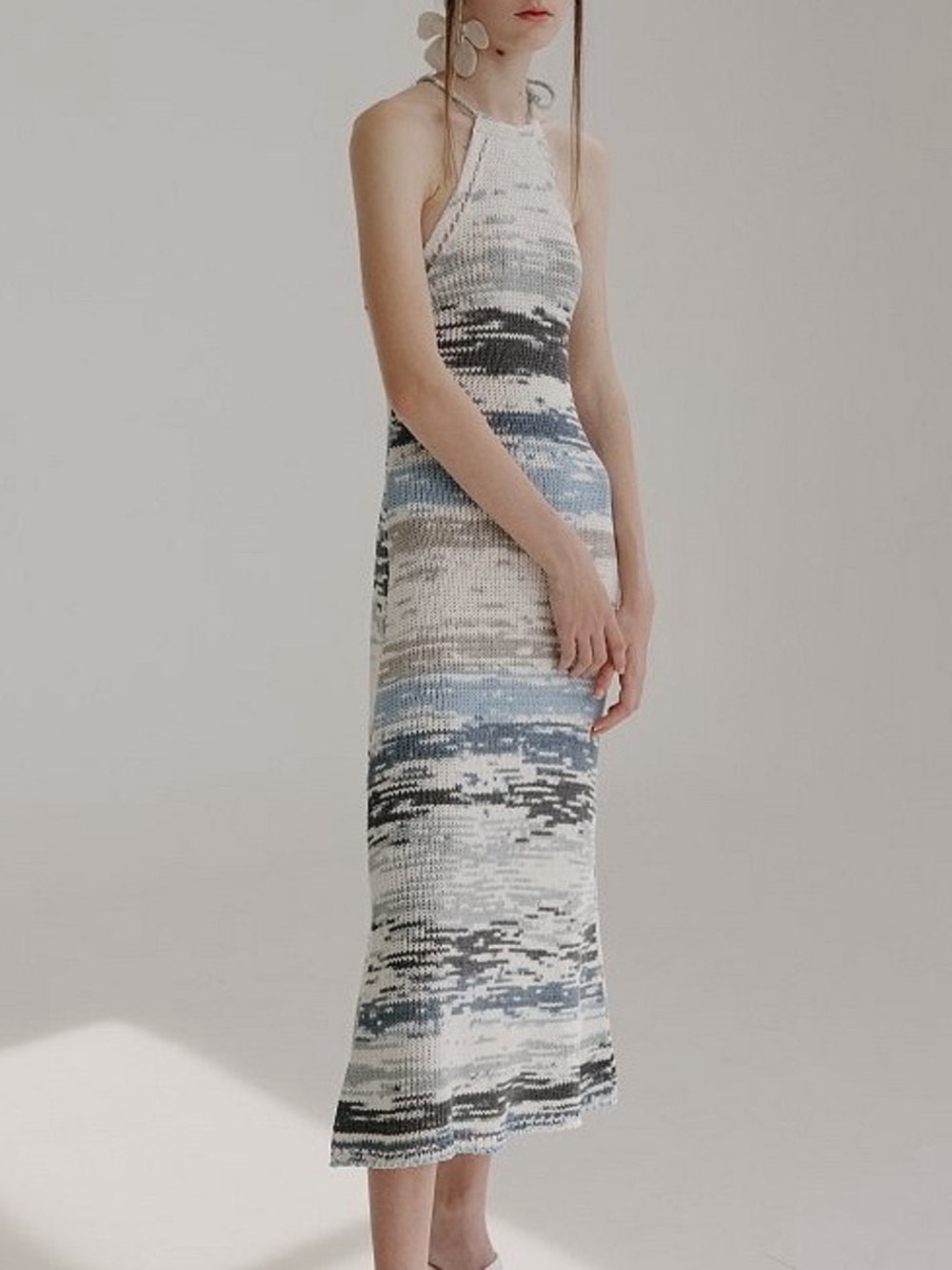 Zara multicolor blue and white knit midi dress size medium